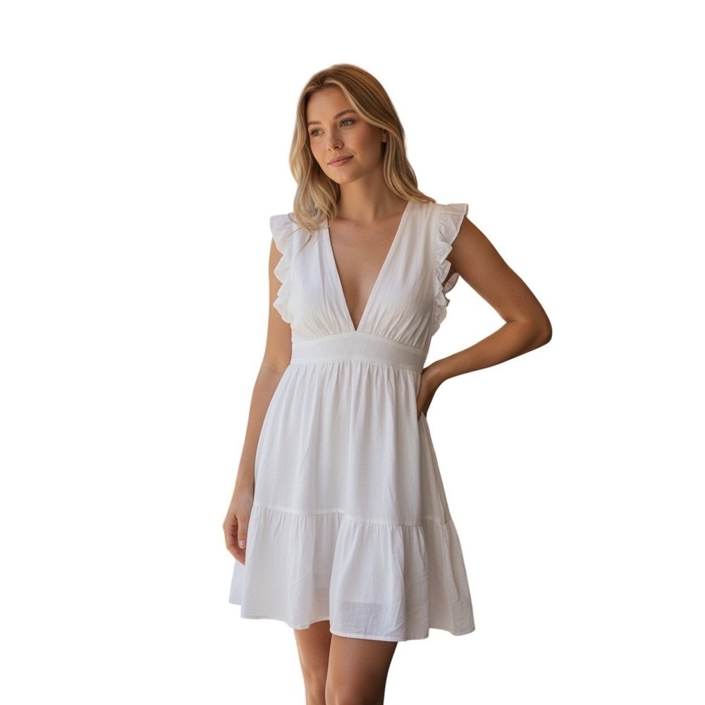MALIBU BUM White Ruffle Trim V Neck Tiered Mini Dress Fits S/M‎ COASTAL BOHO